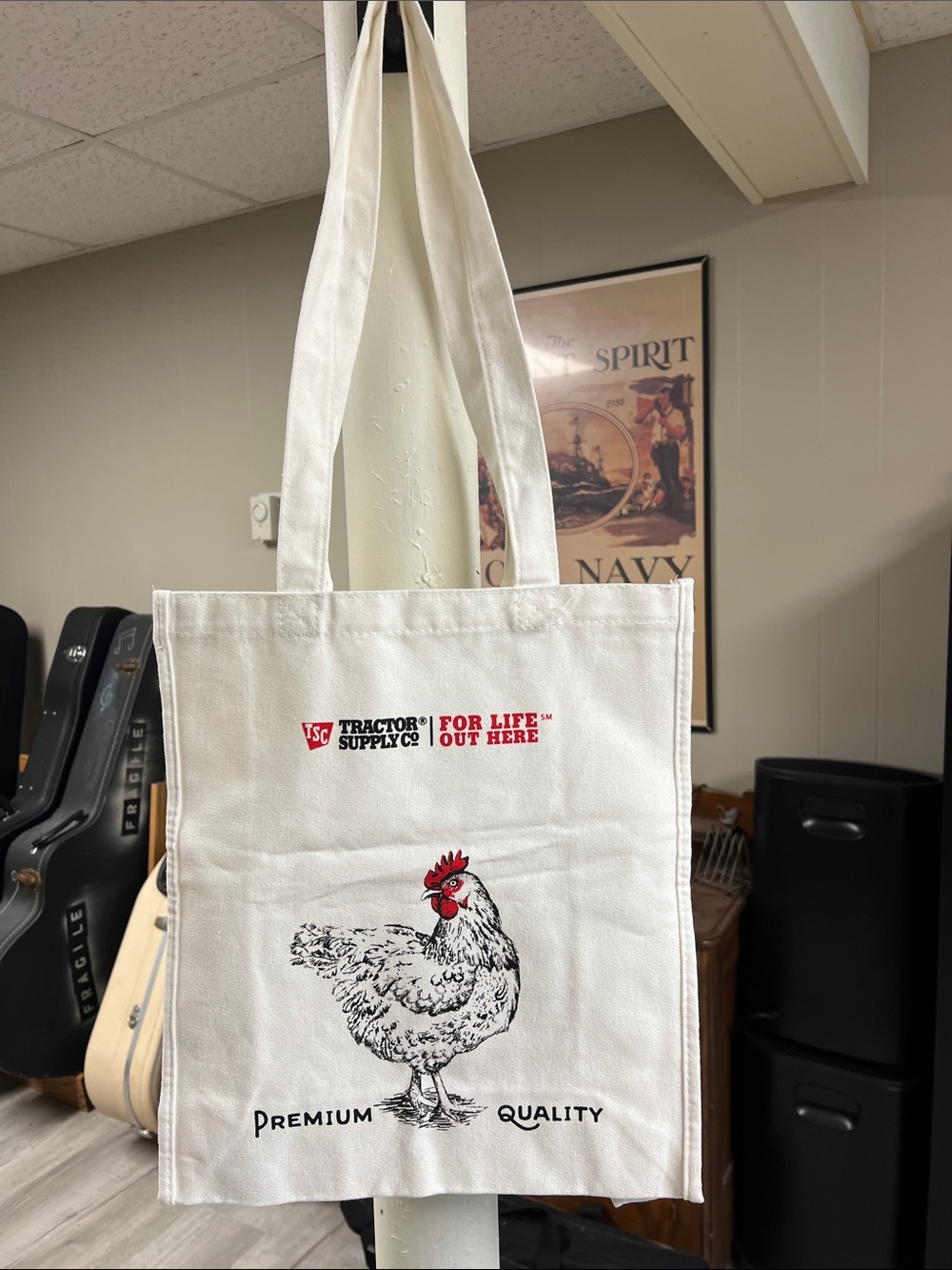 Tractor White Canvas Tote with Red Rooster Accent